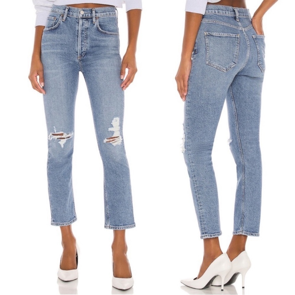 Agolde Riley High Rise Straight Crop Jeans Whiplash Wash Distressed Sz 30